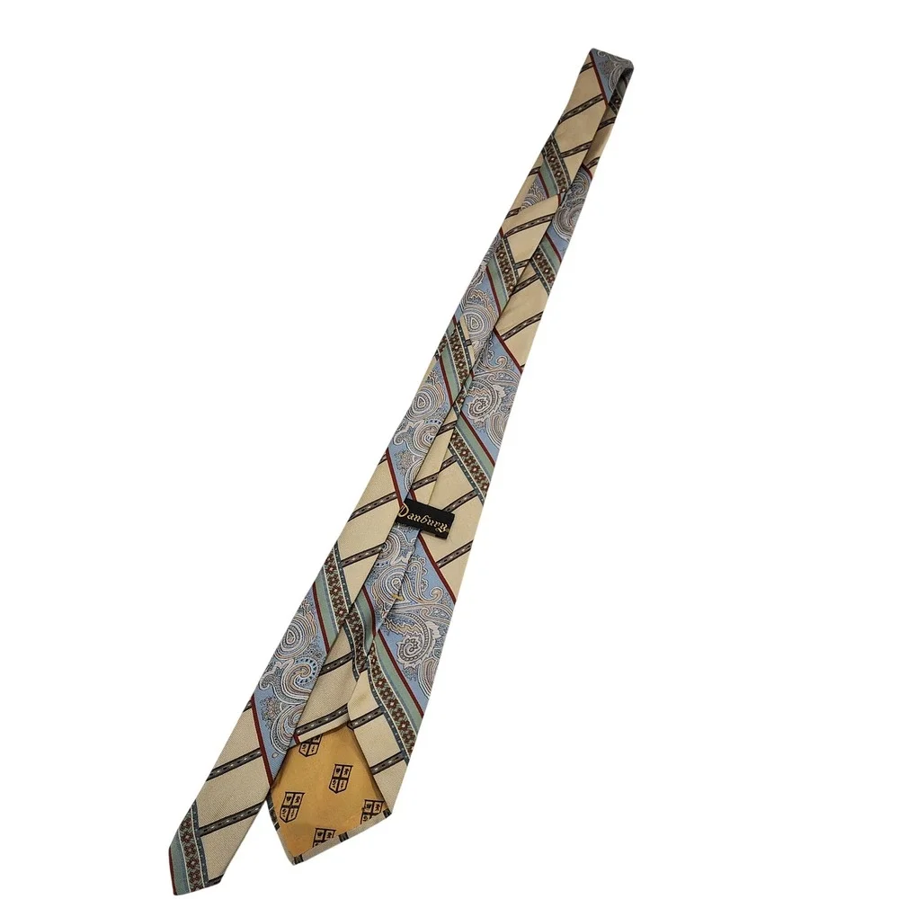 Vintage Danbury Mens Tie Paisley Geometric Tan Blue Burgundy WPL 6141 Polyester